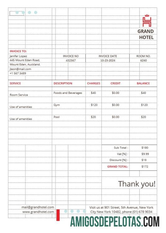 imprimível Modelo de fatura de grande hotel